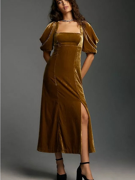 Anthropologie Dresses & Skirts - Anthropologie Short-Sleeve Square-Neck Velvet Midi Dress